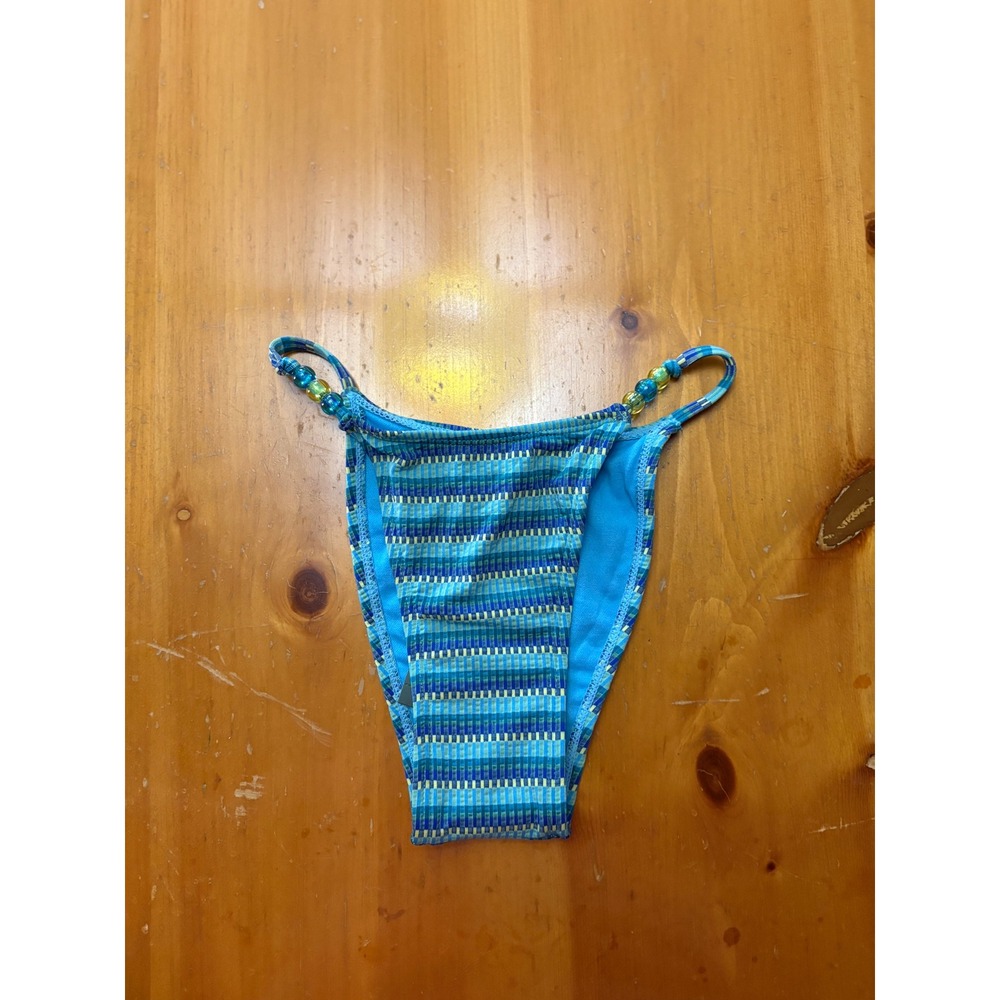Wild Fable Blue Striped Beaded High Leg Cheeky Bikini Bottom XXS NWT